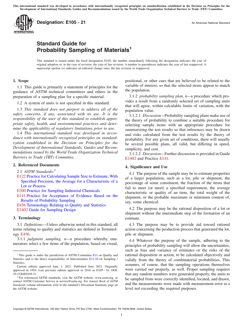 ASTM E105-21 - Standard Guide for  Probability Sampling of Materials