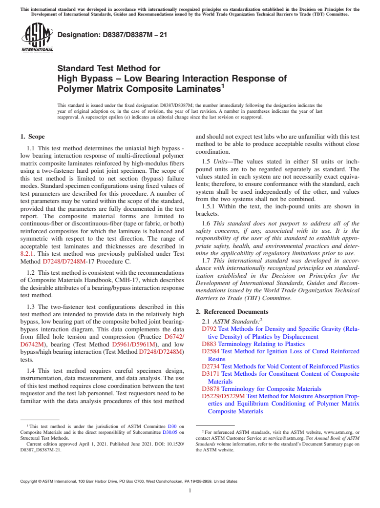 ASTM D8387/D8387M-21 - Standard Test Method for High Bypass – Low Bearing Interaction Response of Polymer  Matrix Composite Laminates