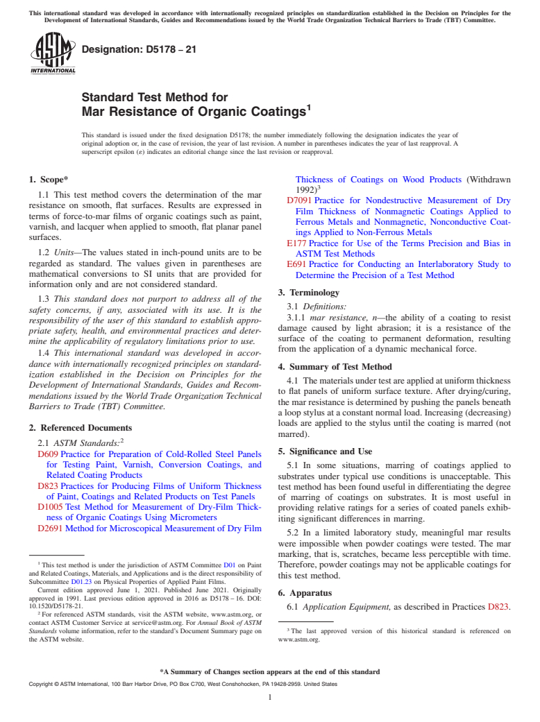 ASTM D5178-21 - Standard Test Method for Mar Resistance of Organic Coatings