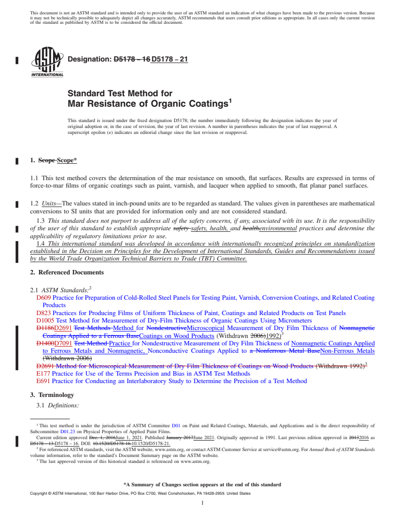 REDLINE ASTM D5178-21 - Standard Test Method for Mar Resistance of Organic Coatings