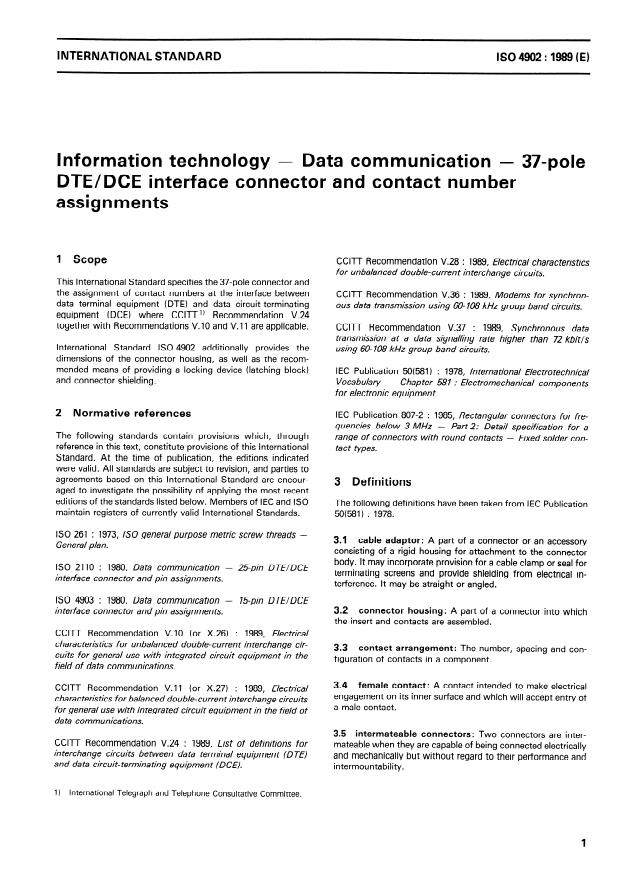 ISO 4902:1989 - Information technology -- Data communication -- 37-pole DTE/DCE interface connector and contact number assignments