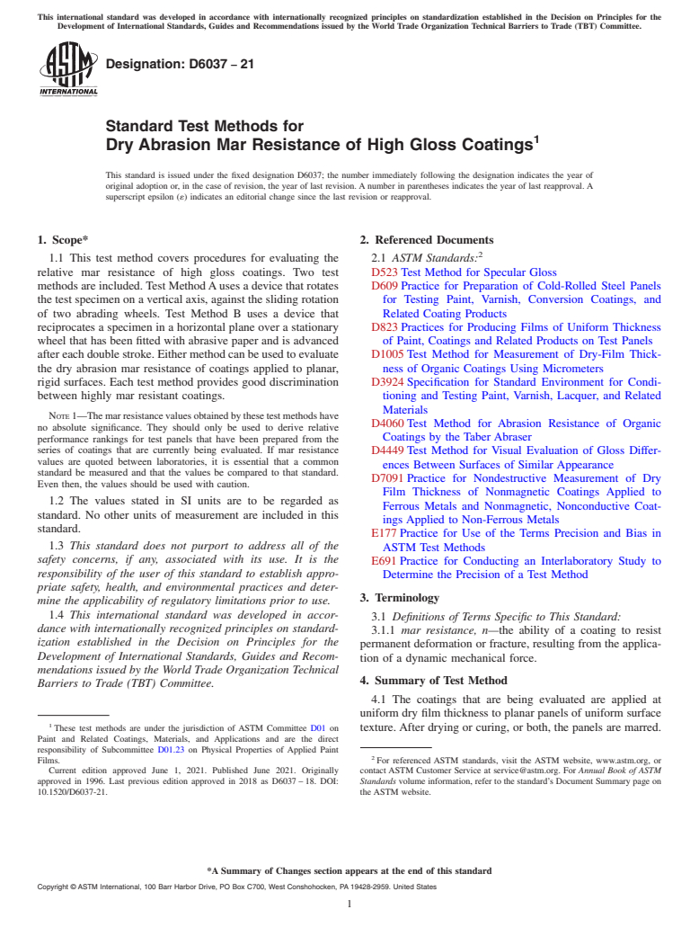 ASTM D6037-21 - Standard Test Methods for Dry Abrasion Mar Resistance of High Gloss Coatings
