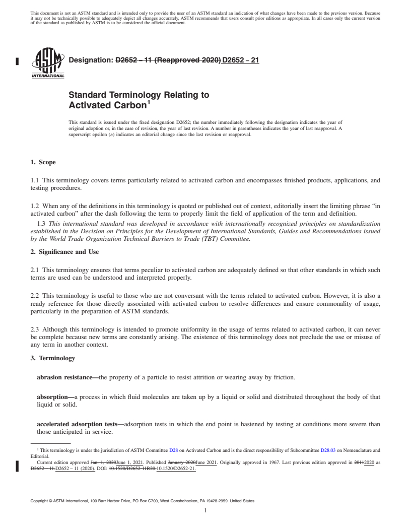 REDLINE ASTM D2652-21 - Standard Terminology Relating to Activated Carbon