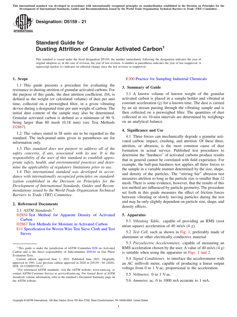 ASTM D5159-21 - Standard Guide for Dusting Attrition of Granular Activated Carbon
