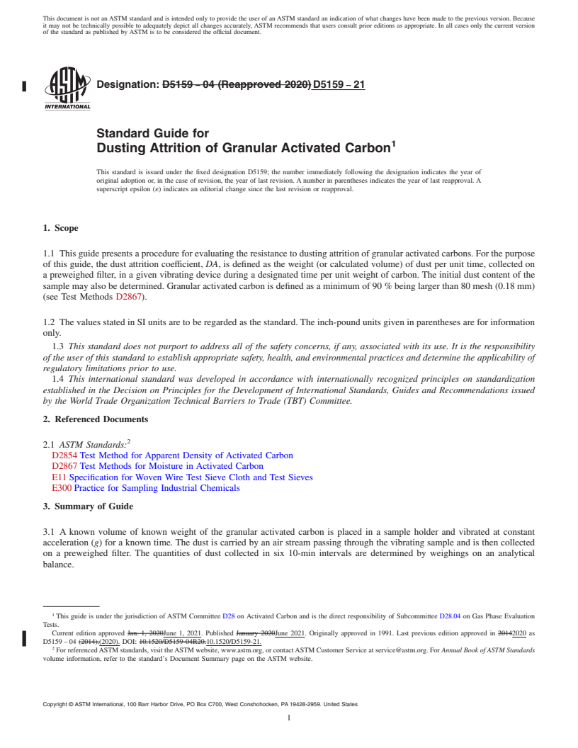 REDLINE ASTM D5159-21 - Standard Guide for Dusting Attrition of Granular Activated Carbon