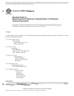 ASTM E1324-21 REDLINE ASTM E1324-21 - Standard Guide for Measuring Some Electronic Characteristics of Ultrasonic Testing Instruments - Page 1 preview