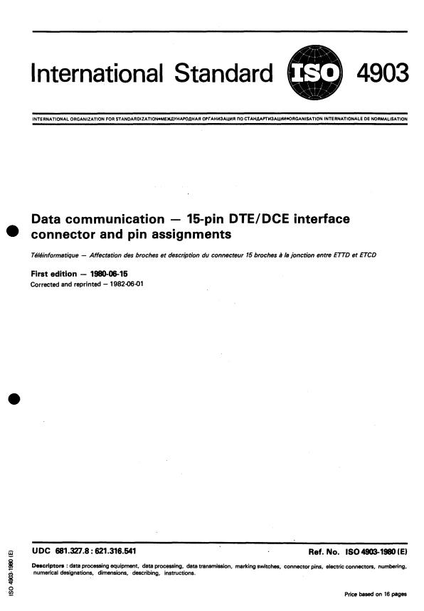 ISO 4903:1980 - Data communication -- 15- pin DTE/DCE interface connector and pin assignments