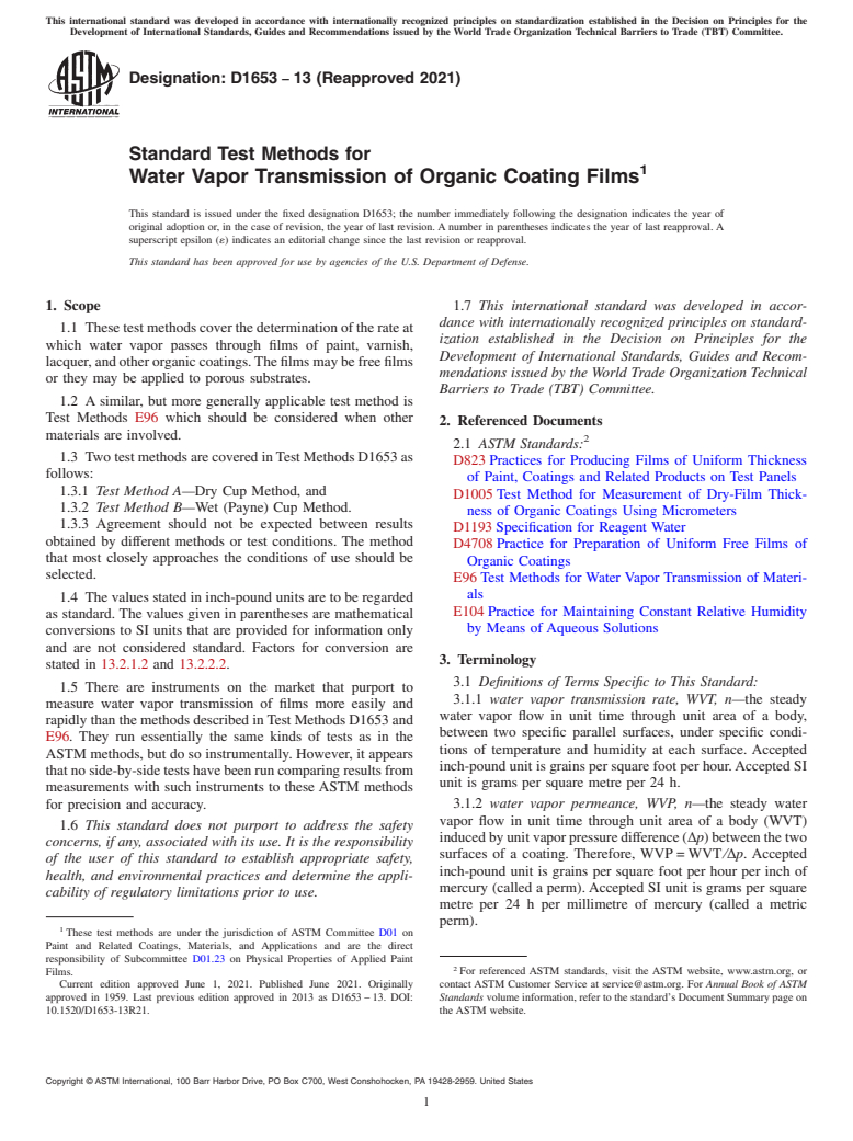 ASTM D1653-13(2021) - Standard Test Methods for Water Vapor Transmission of Organic Coating Films