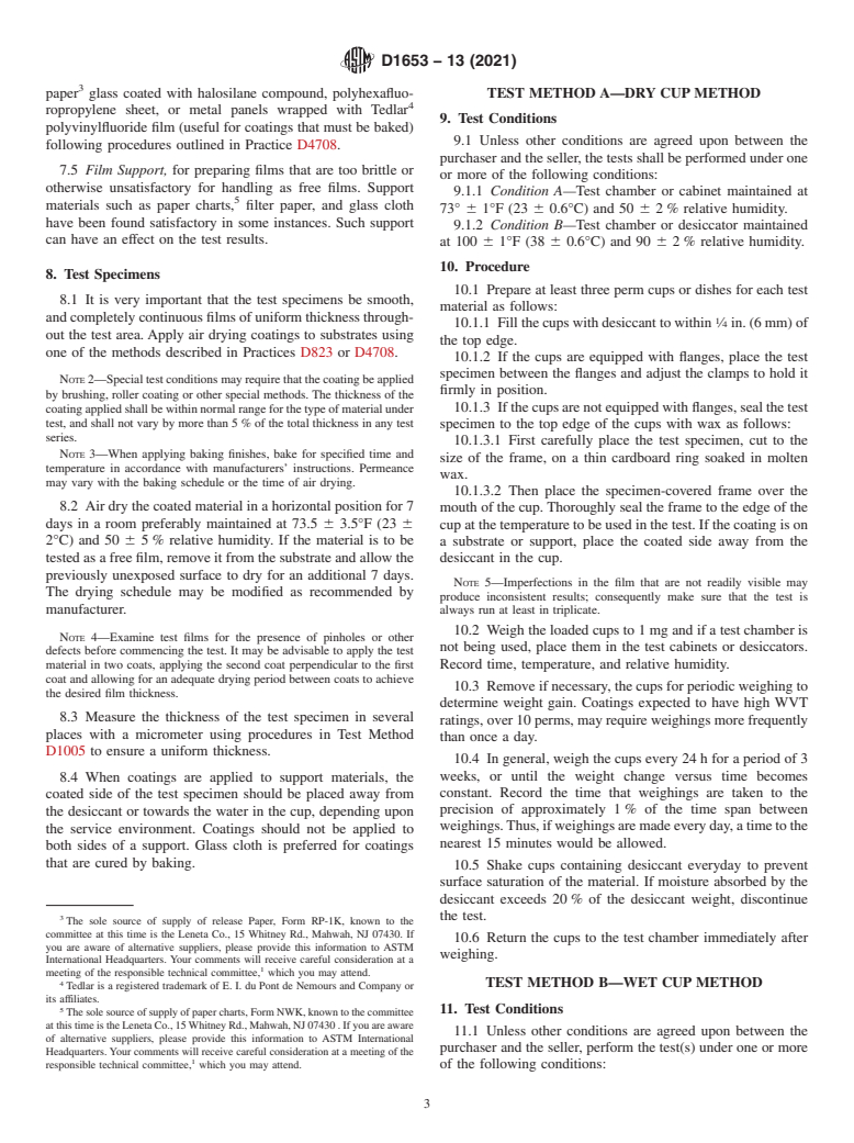 ASTM D1653-13(2021) - Standard Test Methods for Water Vapor Transmission of Organic Coating Films