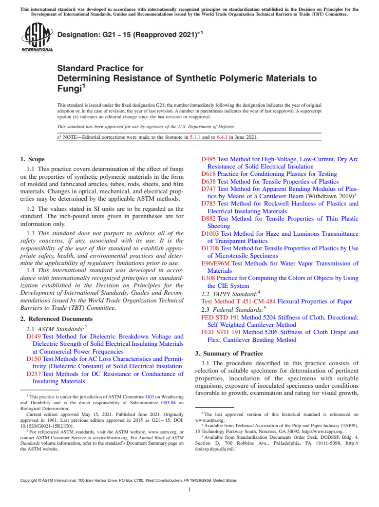 ASTM G21-15(2021)e1 - Standard Practice for  Determining Resistance of Synthetic Polymeric Materials to Fungi