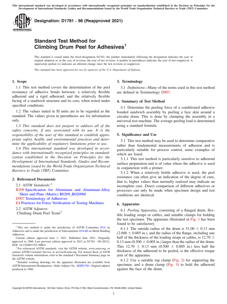 ASTM D1781-98(2021) - Standard Test Method for Climbing Drum Peel for Adhesives