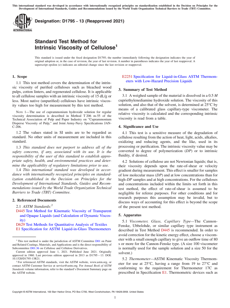 ASTM D1795-13(2021) - Standard Test Method for Intrinsic Viscosity of Cellulose