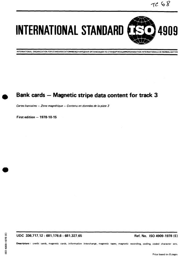 ISO 4909:1978 - Bank cards -- Magnetic stripe data content for track 3
