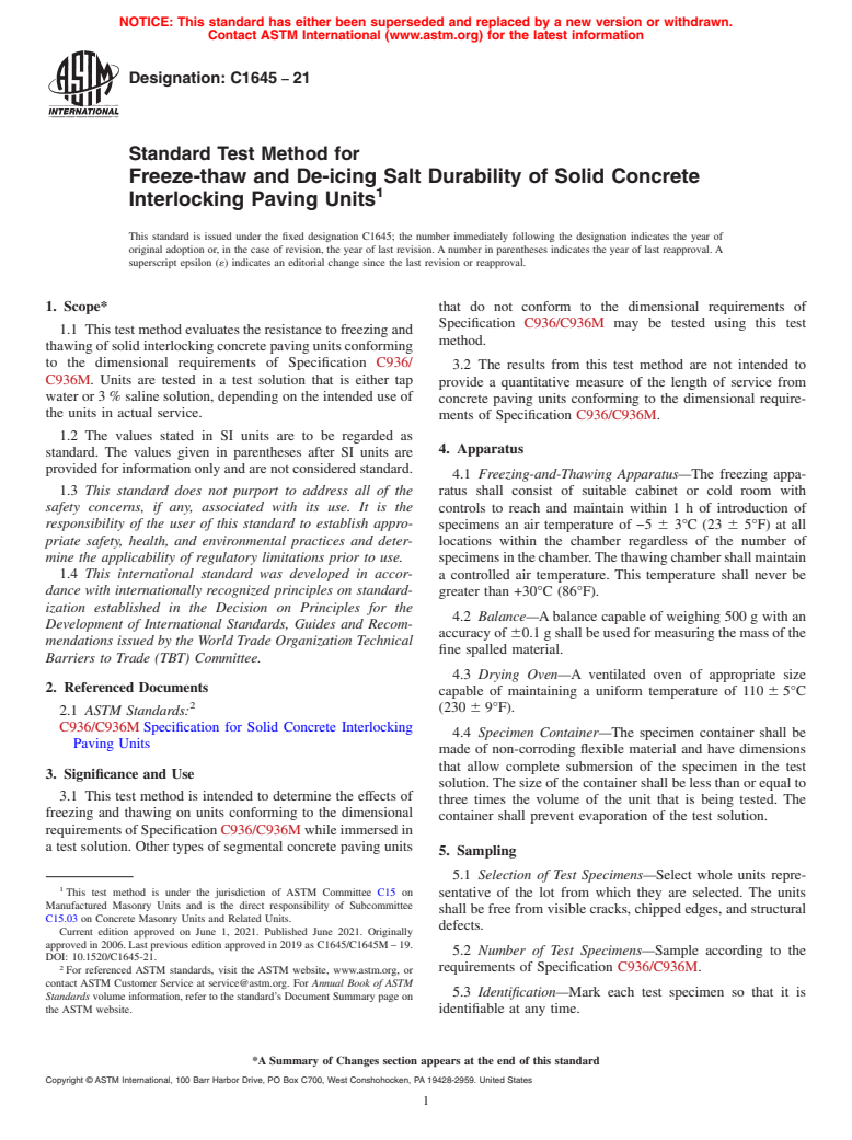 ASTM C1645-21 - Standard Test Method for Freeze-thaw and De-icing Salt Durability of Solid Concrete  Interlocking Paving Units