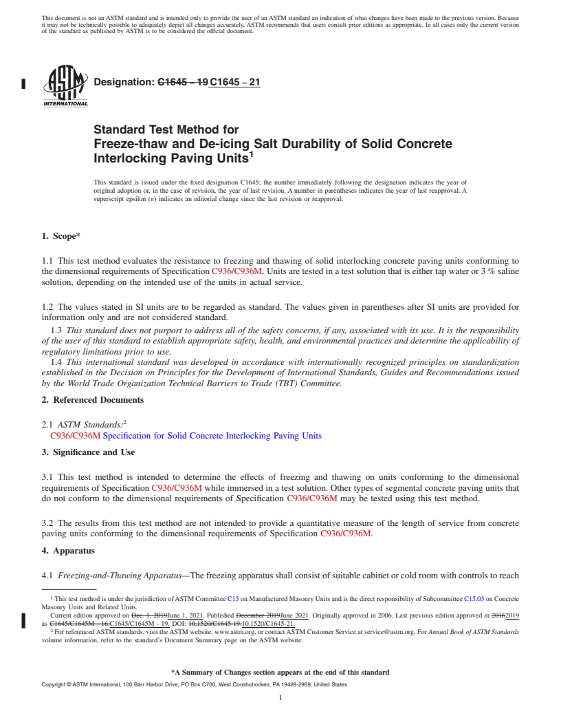 REDLINE ASTM C1645-21 - Standard Test Method for Freeze-thaw and De-icing Salt Durability of Solid Concrete  Interlocking Paving Units