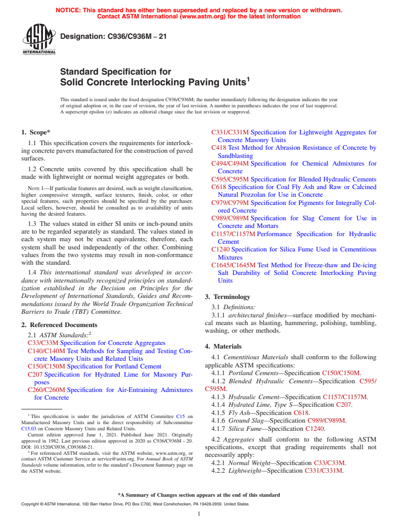 ASTM C936/C936M-21 - Standard Specification for  Solid Concrete Interlocking Paving Units