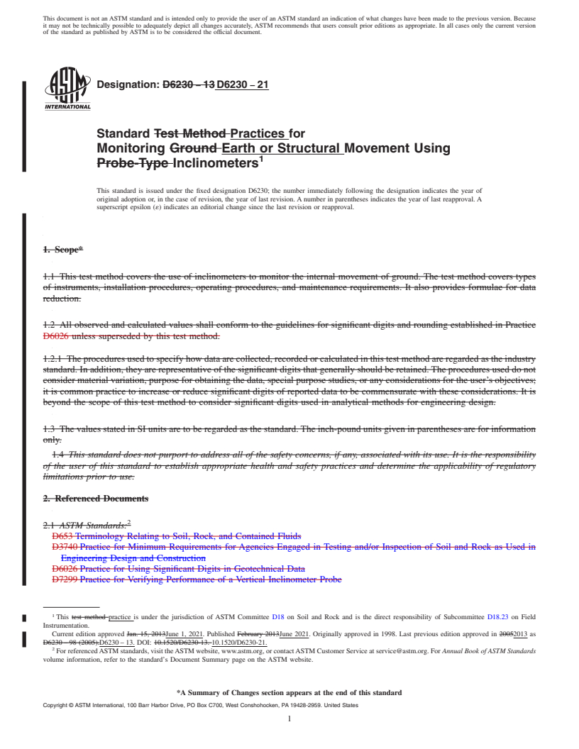 REDLINE ASTM D6230-21 - Standard Practices for Monitoring Earth or Structural Movement Using Inclinometers