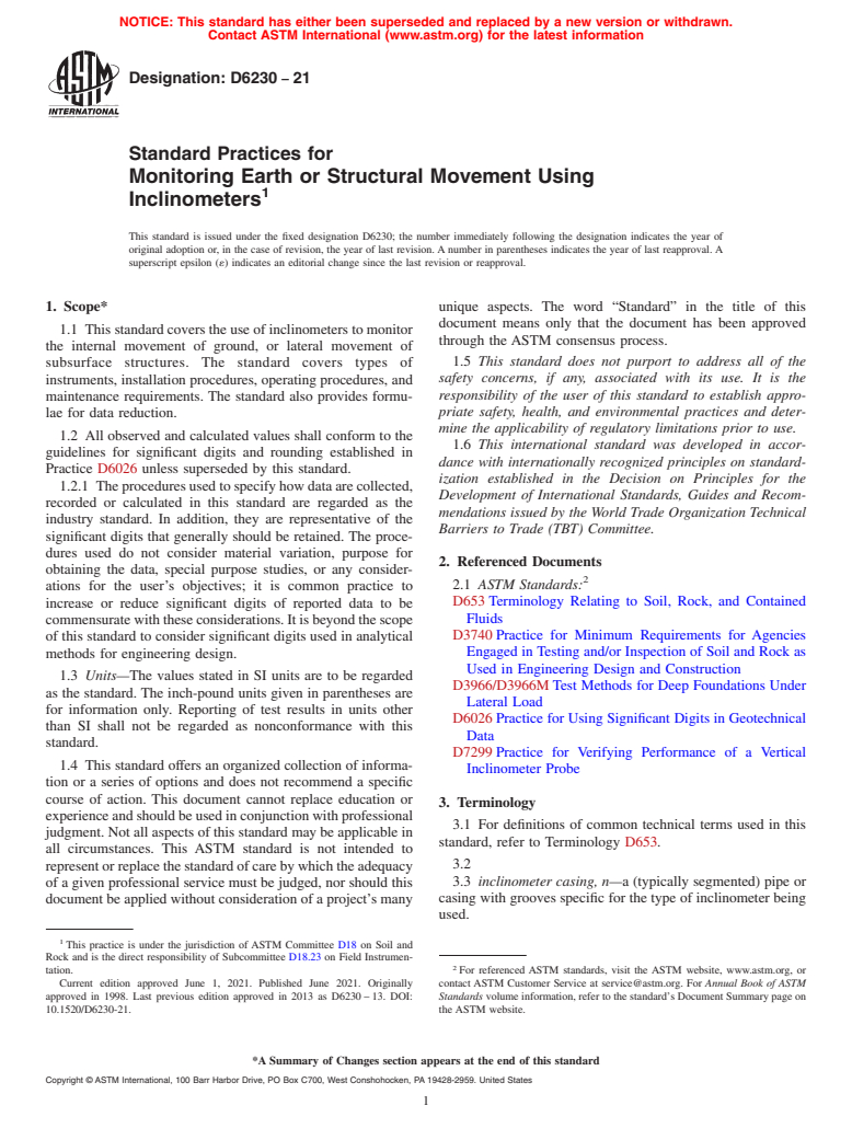 ASTM D6230-21 - Standard Practices for Monitoring Earth or Structural Movement Using Inclinometers