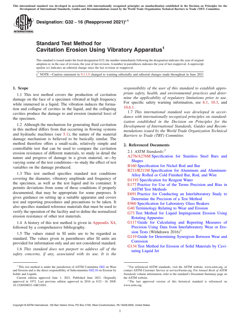 ASTM G32-16(2021)e1 - Standard Test Method for Cavitation Erosion Using Vibratory Apparatus