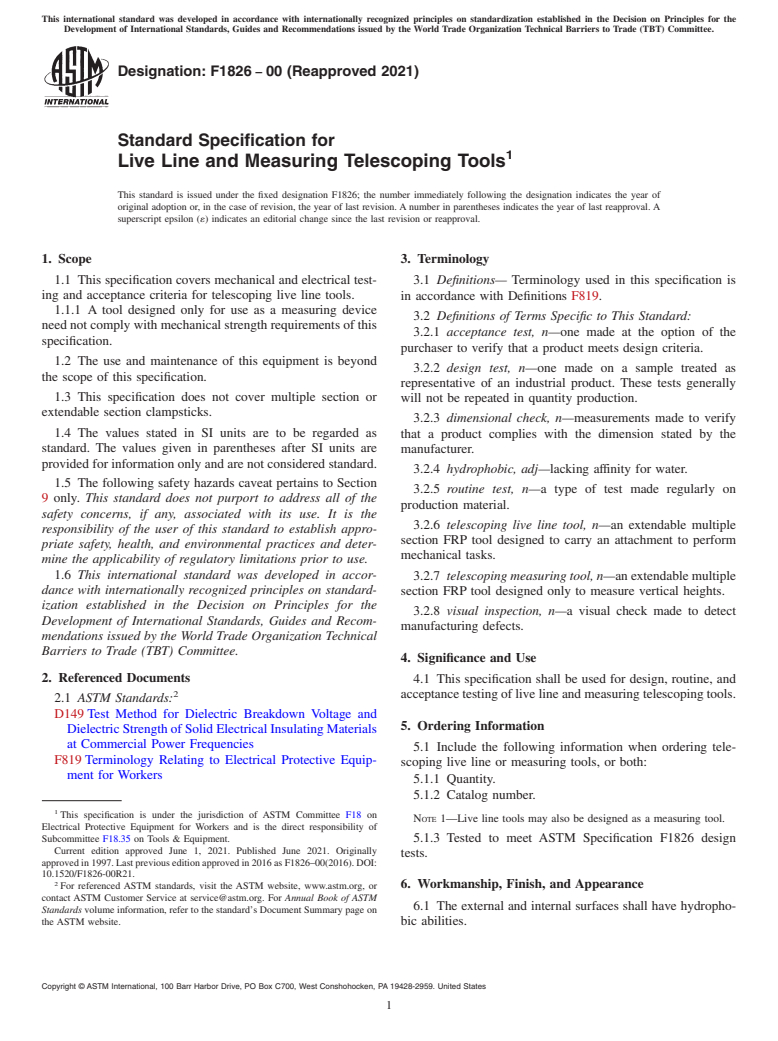 ASTM F1826-00(2021) - Standard Specification for  Live Line and Measuring Telescoping Tools