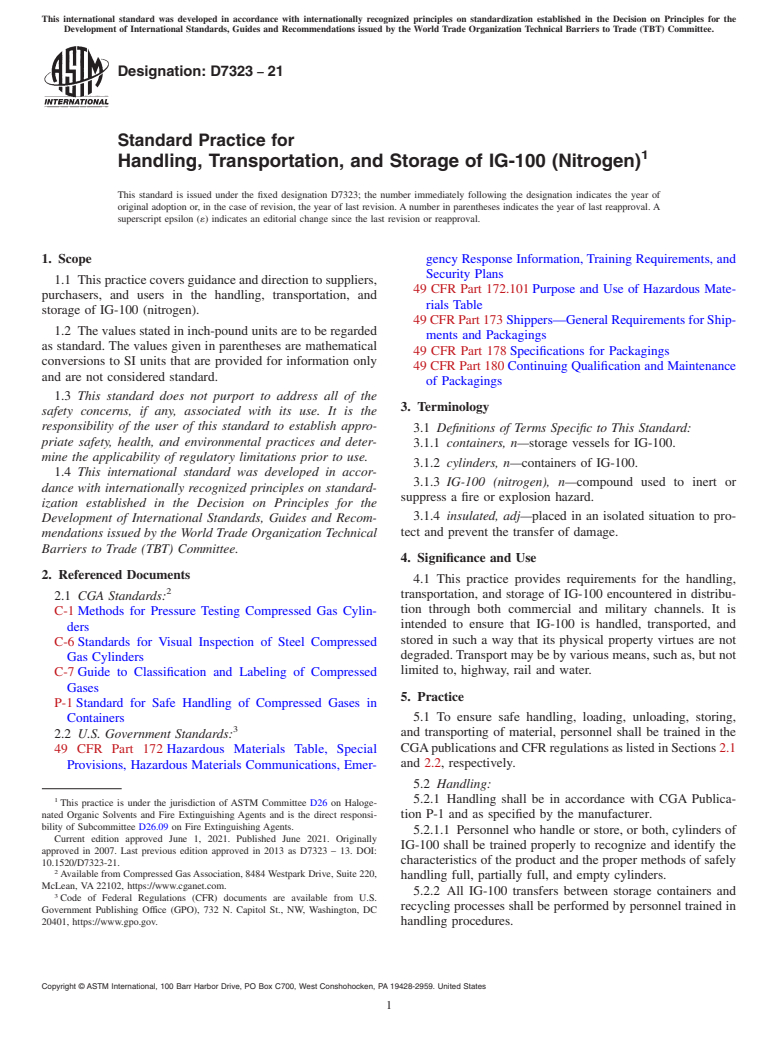 ASTM D7323-21 - Standard Practice for Handling, Transportation, and Storage of IG-100 (Nitrogen)