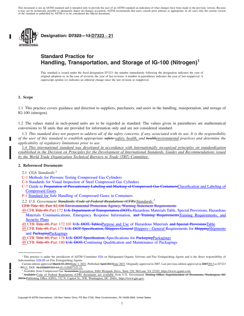 REDLINE ASTM D7323-21 - Standard Practice for Handling, Transportation, and Storage of IG-100 (Nitrogen)