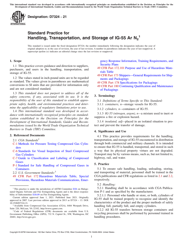 ASTM D7324-21 - Standard Practice for Handling, Transportation, and Storage of IG-55 Ar N<inf>2</inf  >