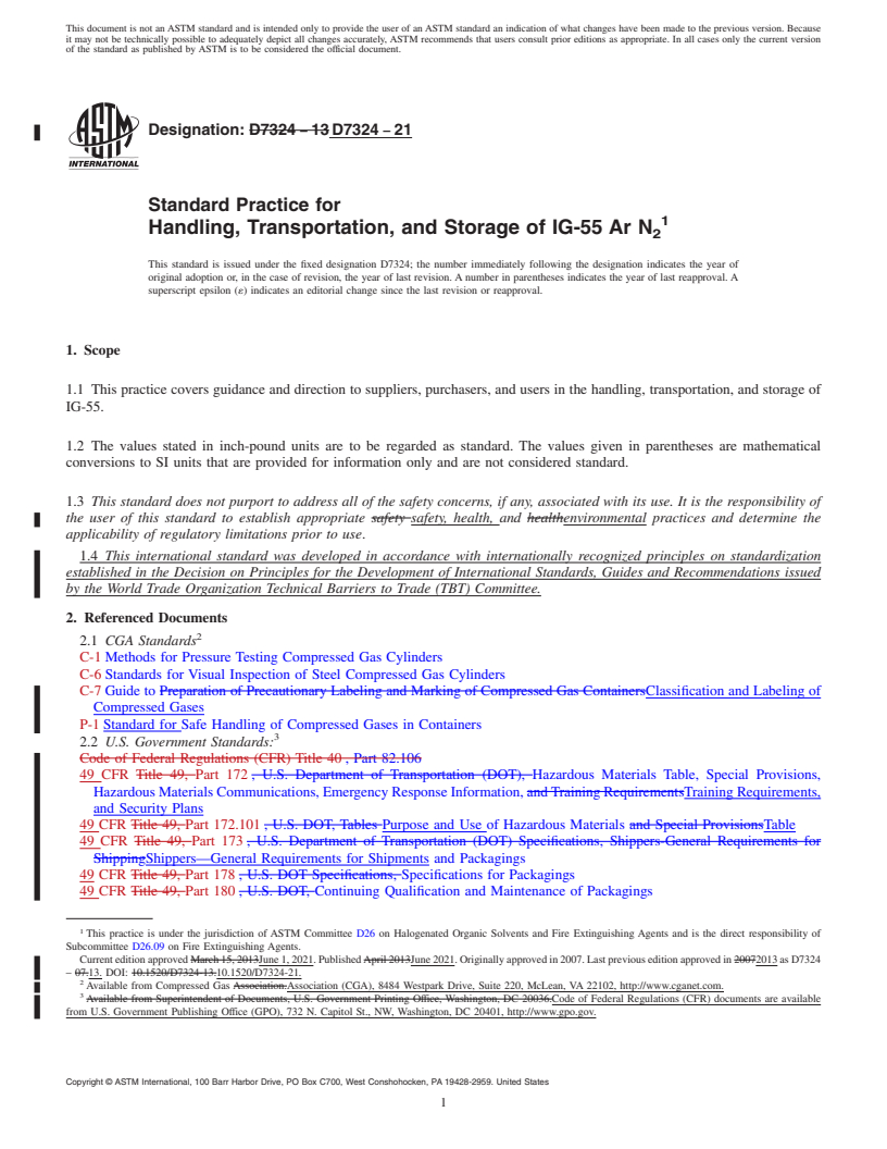 REDLINE ASTM D7324-21 - Standard Practice for Handling, Transportation, and Storage of IG-55 Ar N<inf>2</inf  >