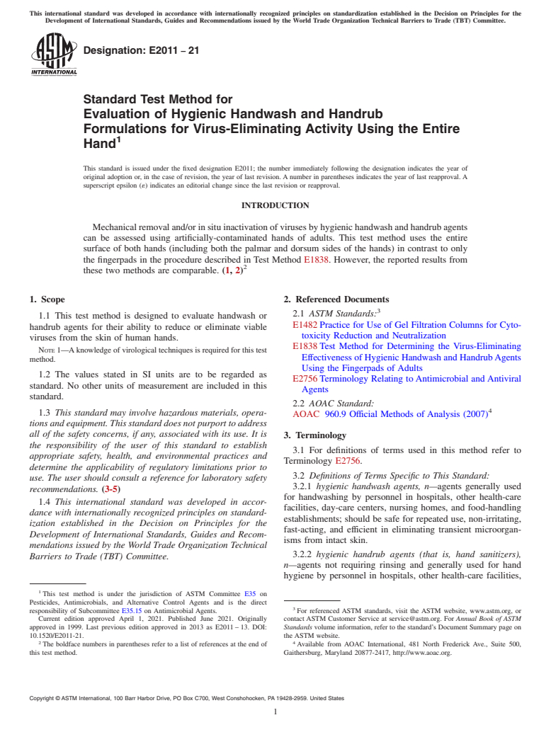 ASTM E2011-21 - Standard Test Method for  Evaluation of Hygienic Handwash and Handrub Formulations for  Virus-Eliminating Activity Using the Entire Hand