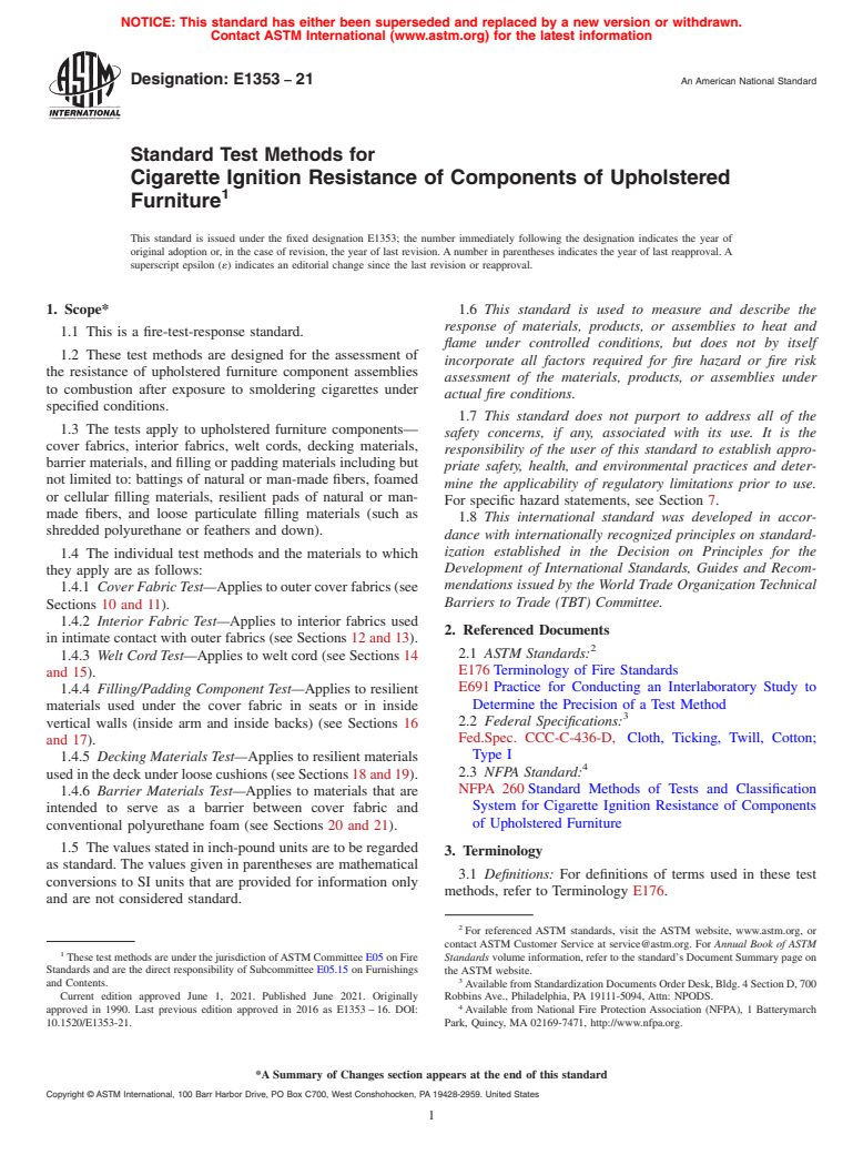 ASTM E1353-21 - Standard Test Methods for  Cigarette Ignition Resistance of Components of Upholstered  Furniture (Withdrawn 2022)