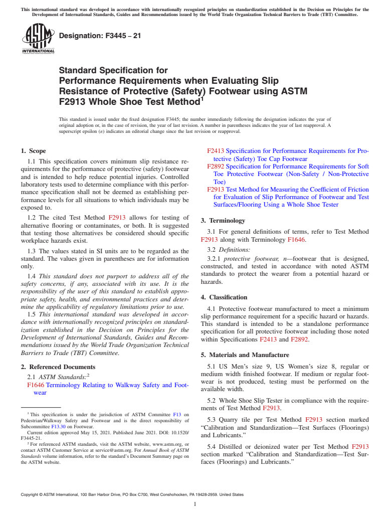 ASTM F3445-21 - Standard Specification for Performance Requirements when Evaluating Slip Resistance of  Protective (Safety) Footwear using ASTM F2913 Whole Shoe Test Method