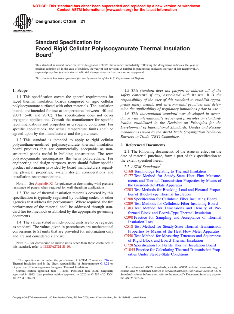 ASTM C1289-21 - Standard Specification for Faced Rigid Cellular Polyisocyanurate Thermal Insulation Board