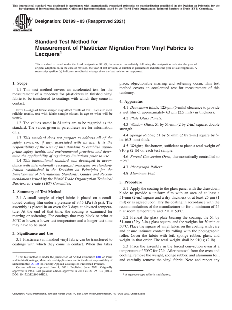 ASTM D2199-03(2021) - Standard Test Method for Measurement of Plasticizer Migration From Vinyl Fabrics to  Lacquers