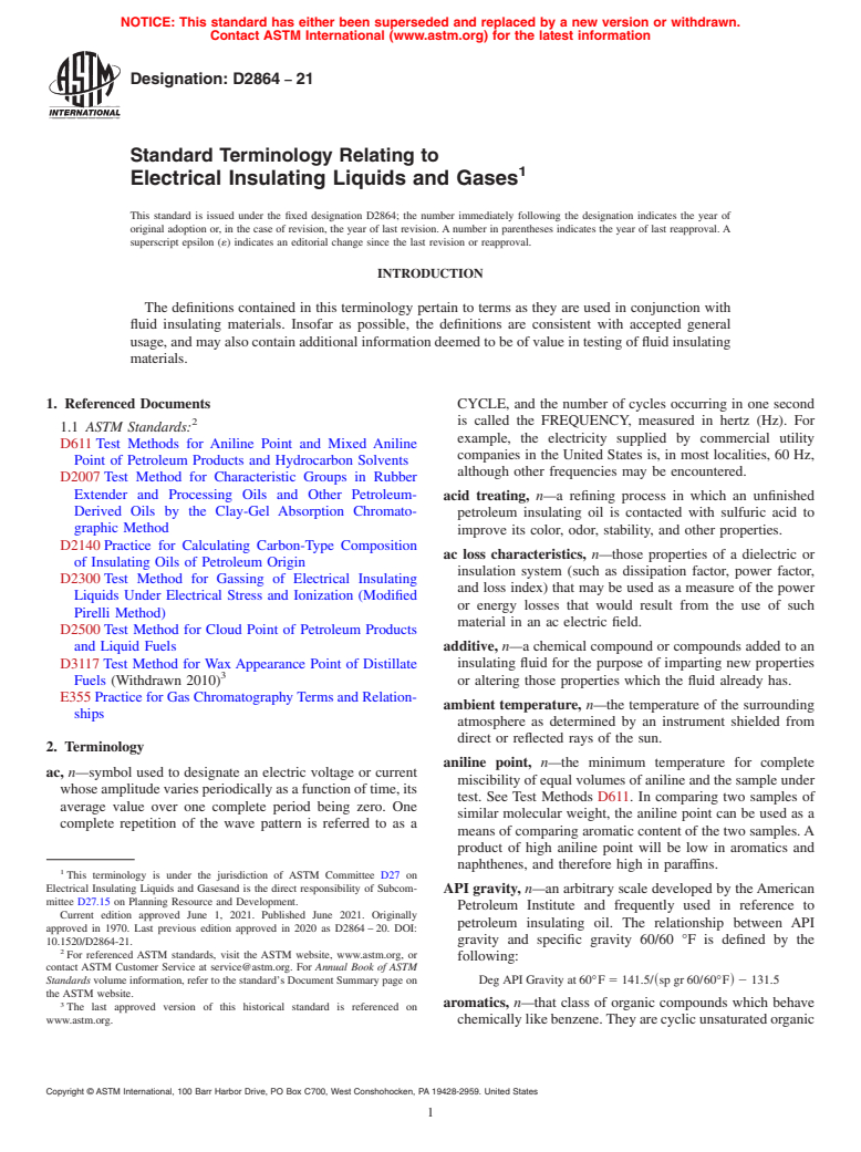 ASTM D2864-21 - Standard Terminology Relating to  Electrical Insulating Liquids and Gases