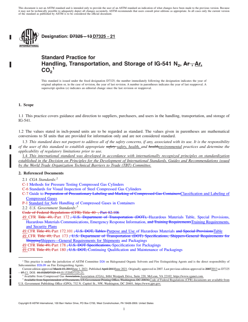 REDLINE ASTM D7325-21 - Standard Practice for Handling, Transportation, and Storage of IG-541 N<inf>2</inf  >, Ar, CO<inf>2</inf>