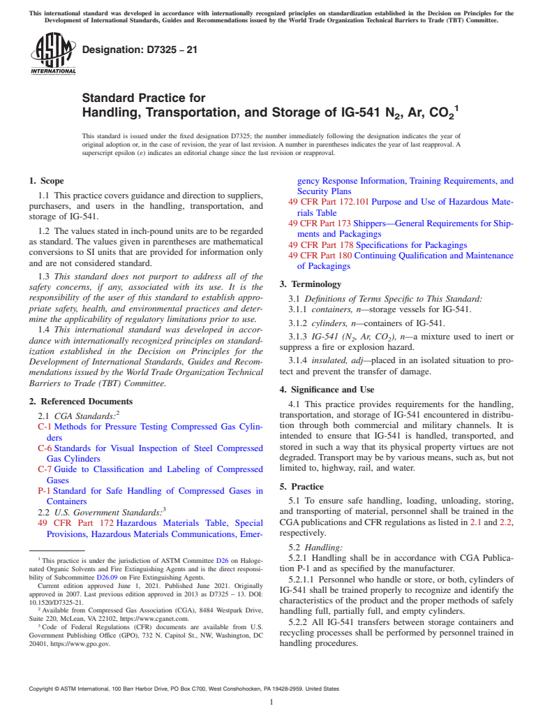 ASTM D7325-21 - Standard Practice for Handling, Transportation, and Storage of IG-541 N<inf>2</inf  >, Ar, CO<inf>2</inf>