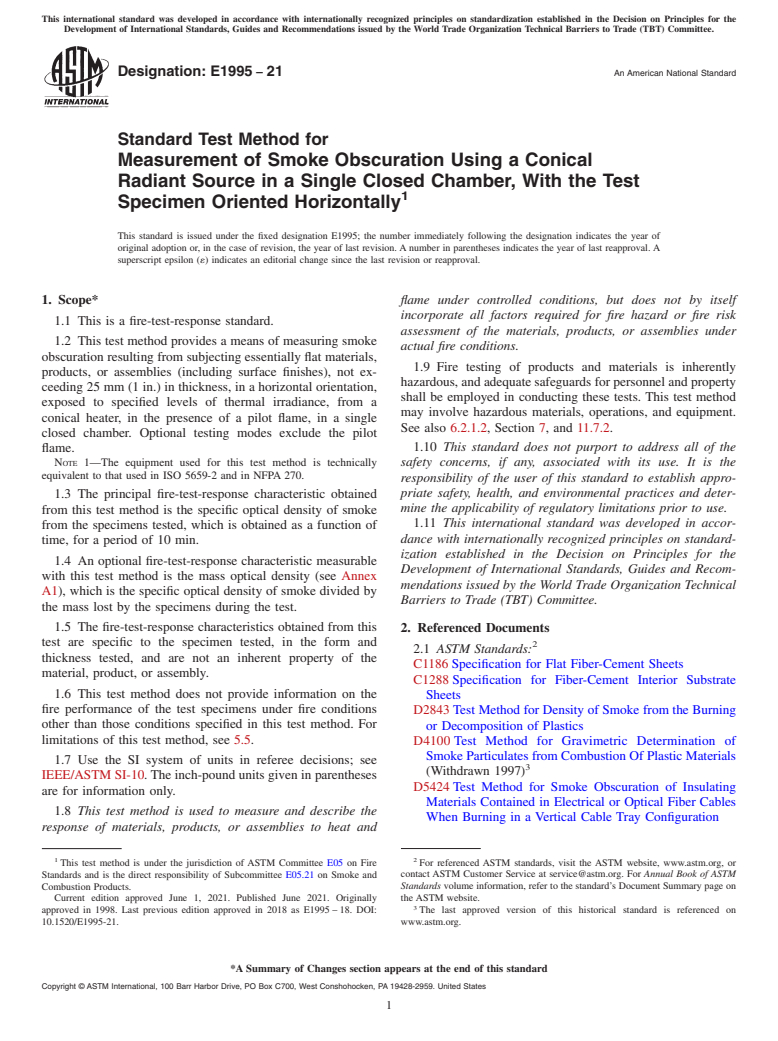 ASTM E1995-21 - Standard Test Method for Measurement of Smoke Obscuration Using a Conical Radiant Source  in a Single Closed Chamber, With the Test Specimen Oriented Horizontally