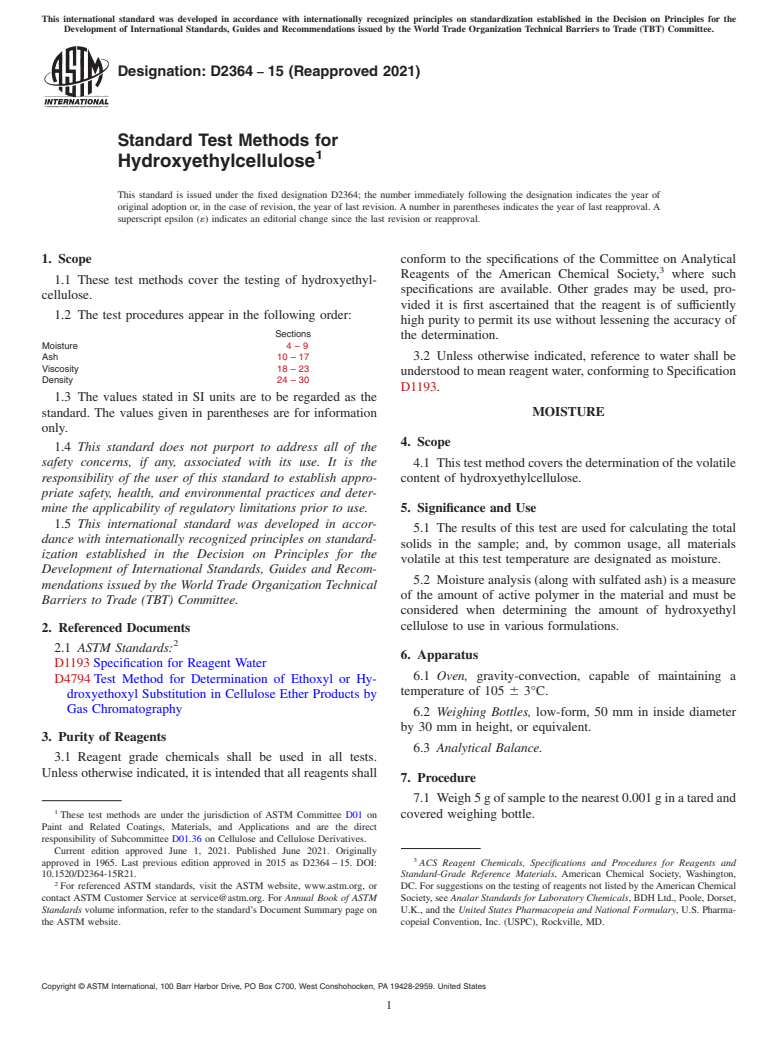 ASTM D2364-15(2021) - Standard Test Methods for Hydroxyethylcellulose