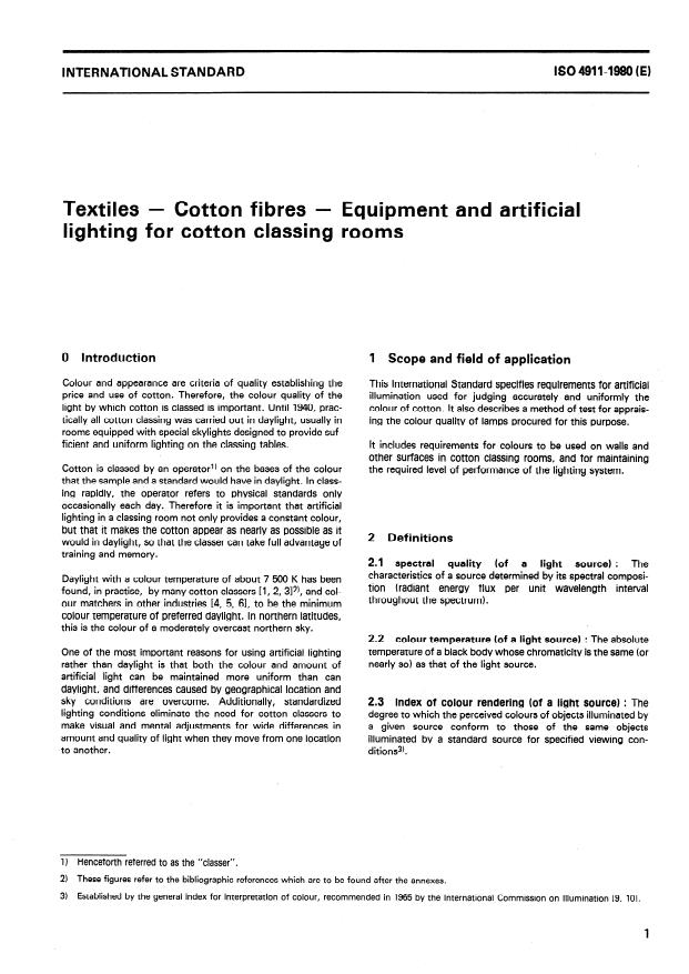 ISO 4911:1980 - Textiles -- Cotton fibres -- Equipment and artificial lighting for cotton classing rooms