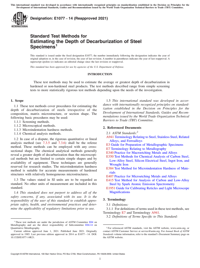 ASTM E1077-14(2021) - Standard Test Methods for  Estimating the Depth of Decarburization of Steel Specimens