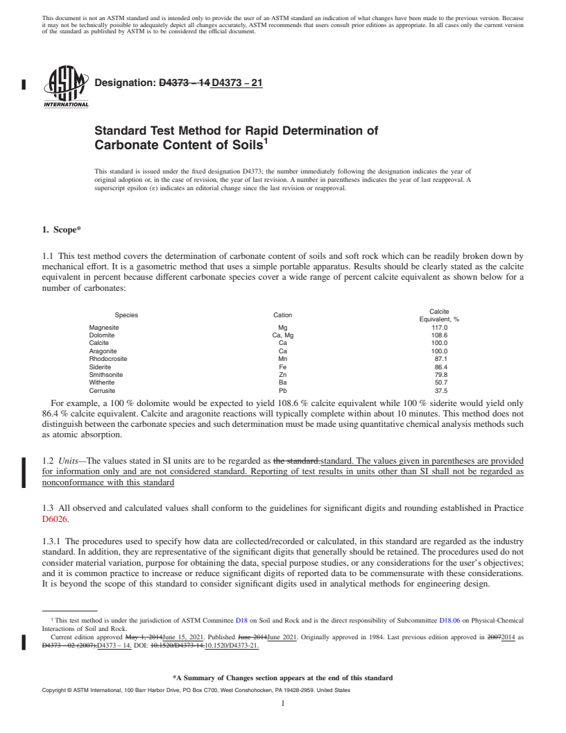 REDLINE ASTM D4373-21 - Standard Test Method for Rapid Determination of Carbonate Content of Soils