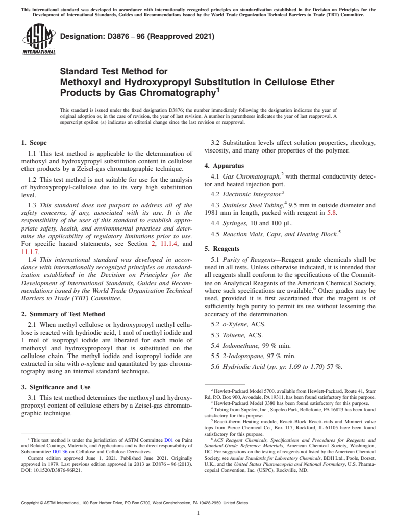 ASTM D3876-96(2021) - Standard Test Method for Methoxyl and Hydroxypropyl Substitution in Cellulose Ether   Products by Gas Chromatography