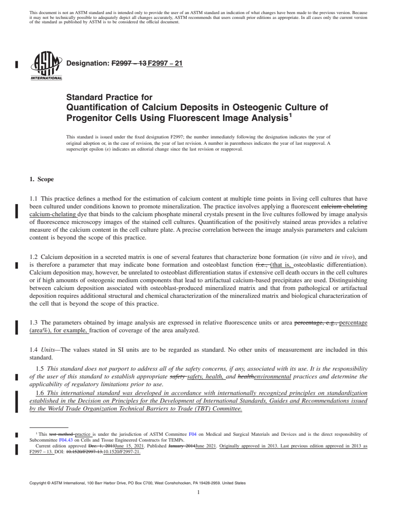 REDLINE ASTM F2997-21 - Standard Practice for Quantification of Calcium Deposits in Osteogenic Culture of  Progenitor Cells Using Fluorescent Image Analysis