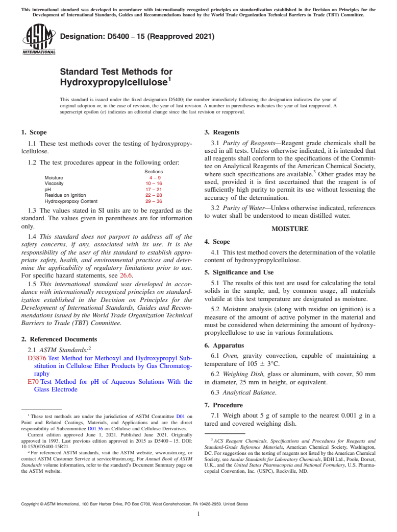 ASTM D5400-15(2021) - Standard Test Methods for Hydroxypropylcellulose