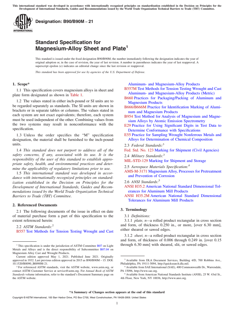 ASTM B90/B90M-21 - Standard Specification for  Magnesium-Alloy Sheet and Plate