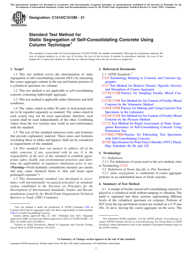 ASTM C1610/C1610M-21 - Standard Test Method for  Static Segregation of Self-Consolidating Concrete Using Column  Technique