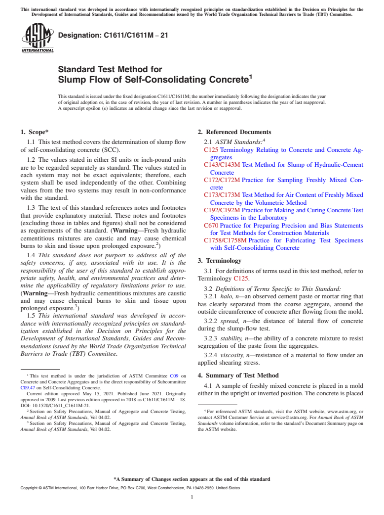 ASTM C1611/C1611M-21 - Standard Test Method for  Slump Flow of Self-Consolidating Concrete