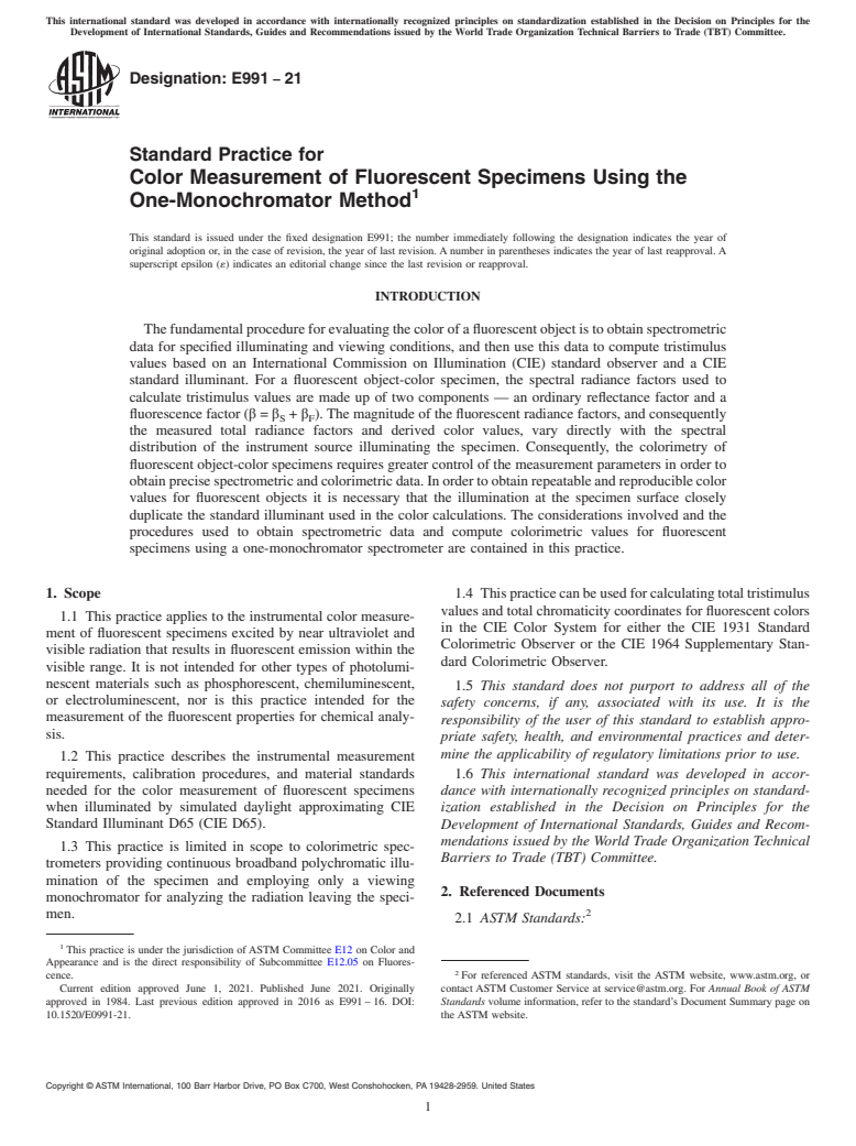 ASTM E991-21 - Standard Practice for Color Measurement of Fluorescent Specimens Using the One-Monochromator    Method