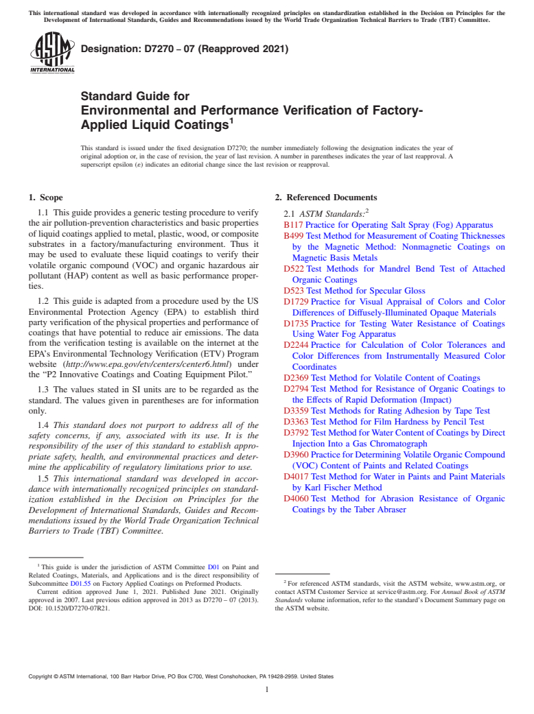 ASTM D7270-07(2021) - Standard Guide for Environmental and Performance Verification of Factory-Applied  Liquid Coatings