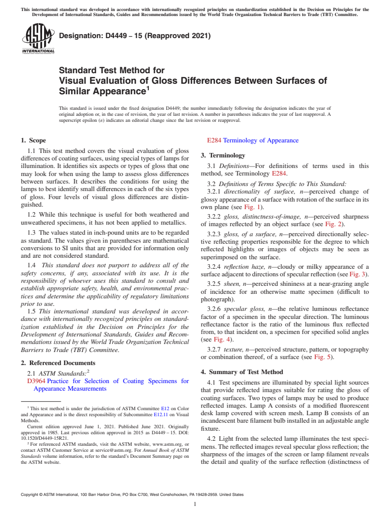 ASTM D4449-15(2021) - Standard Test Method for Visual Evaluation of Gloss Differences Between Surfaces of  Similar Appearance